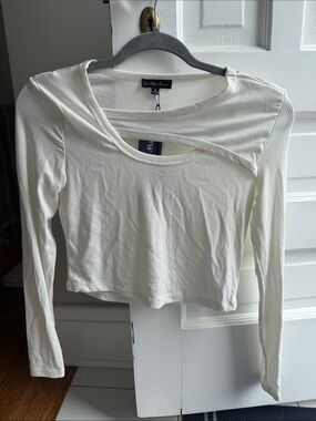 White Ribbed Long-Sleeve Cutout Top